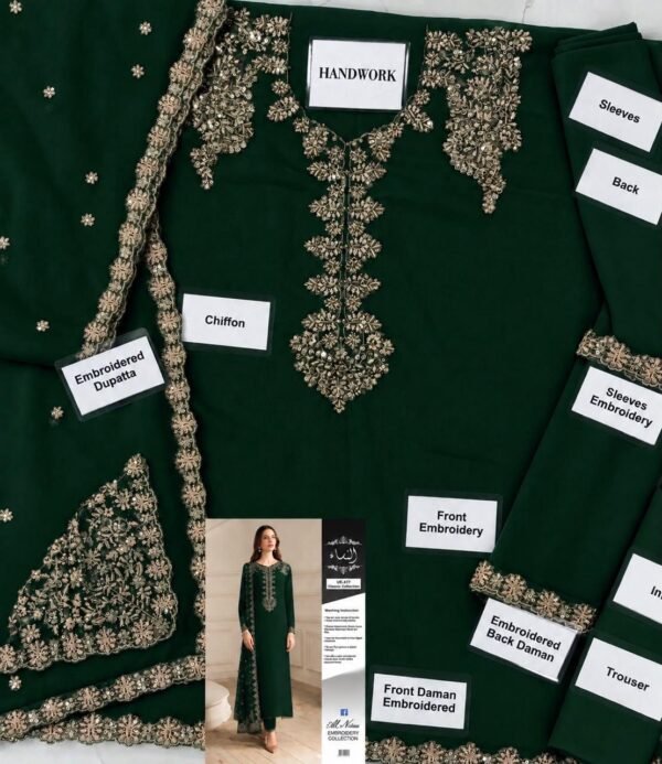 Embroidered Chiffon 3-Piece Unstitched Suit for Women with Malai Trouser and Inner - Green - flat lay with model inset