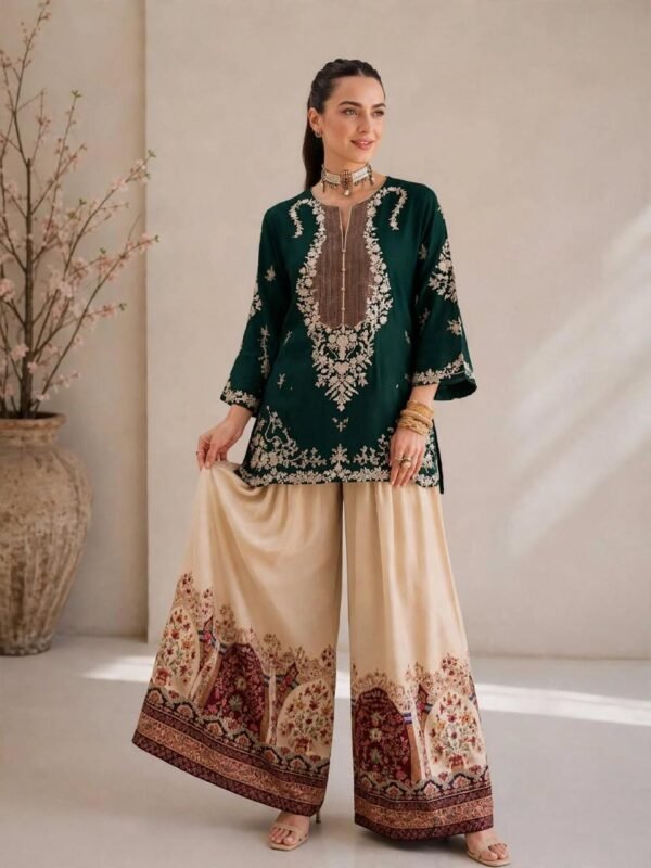 Embroidered Silk 2-Piece Unstitched Suit for Women with Digital Printed Trouser - Green - flat lay