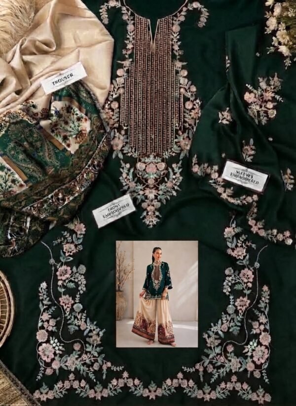 Embroidered Silk 2-Piece Unstitched Suit for Women with Digital Printed Trouser - Green - fabric close-up