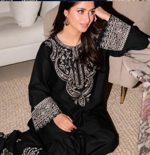 Embroidered Silk 2-Piece Unstitched Suit for Women with Embroidered Trouser - Black - model view Embroidered Silk 2-Piece Unstitched Suit for Women with Embroidered Trouser - Black - model view