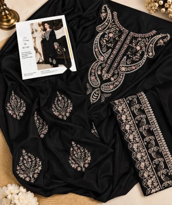 Embroidered Silk 2-Piece Unstitched Suit for Women with Embroidered Trouser - Black - flat lay Embroidered Silk 2-Piece Unstitched Suit for Women with Embroidered Trouser - Black - flat lay