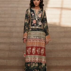 Digital Printed Kaftan 2-Piece Unstitched Suit for Women with Embroidered Neckline - model view
