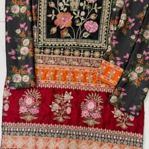 Digital Printed Kaftan 2-Piece Unstitched Suit for Women with Embroidered Neckline - full fabric lay