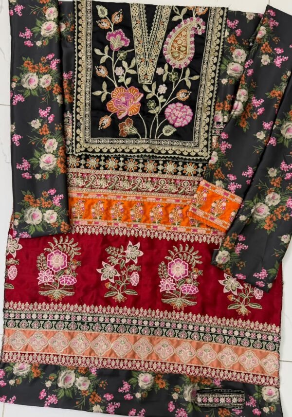 Digital Printed Kaftan 2-Piece Unstitched Suit for Women with Embroidered Neckline - full fabric lay