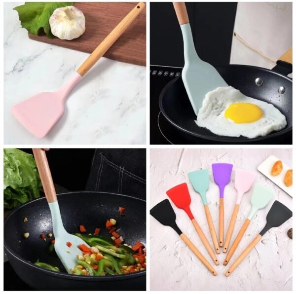 Silicone Turner with Wooden Handle - Solid Flat Cooking Spatula Silicone Turner with Wooden Handle - Solid Flat Cooking Spatula