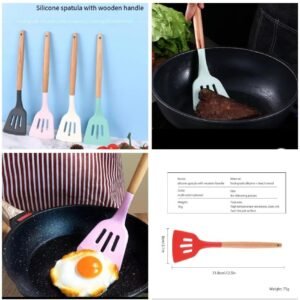 Slotted Silicone Turner with Wooden Handle - Spatula for Frying and Cooking