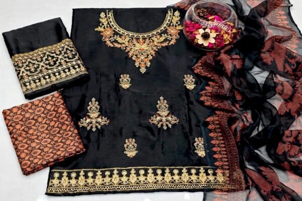 Embroidered Chiffon 3-Piece Unstitched Suit for Women with Printed Trouser - embroidery and print detail