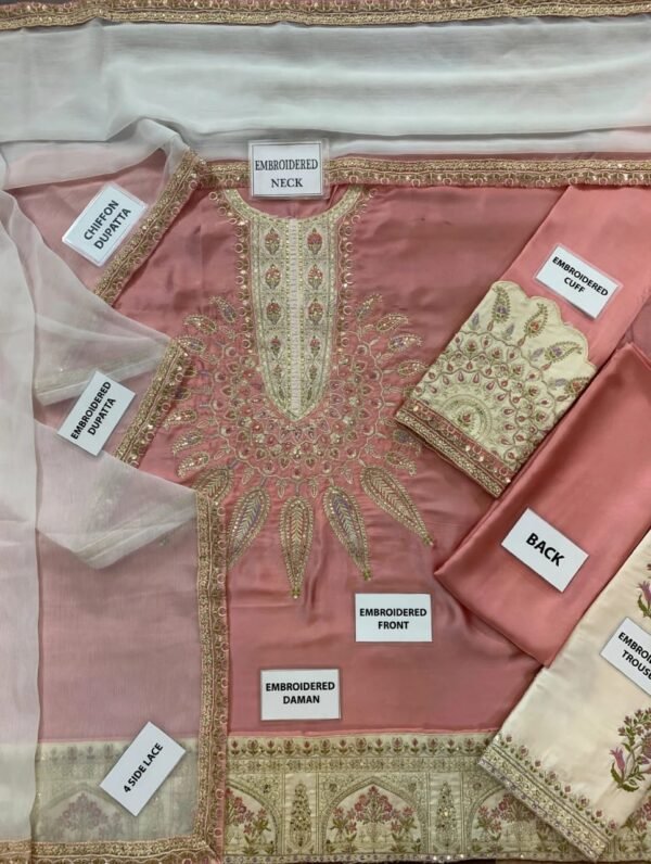 Embroidered Pink Festive Unstitched Suit for Women - 3-Piece - with chiffon dupatta