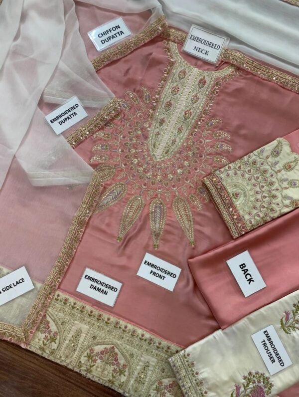 Embroidered Pink Festive Unstitched Suit for Women - 3-Piece - full set view