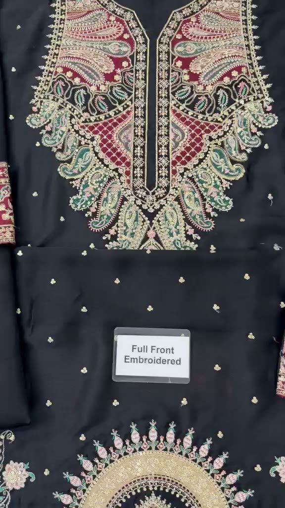 Embroidered Silk Kaftan 2-Piece Unstitched Suit for Women - video frame - embroidered neckline Embroidered Silk Kaftan 2-Piece Unstitched Suit for Women - video frame - embroidered neckline