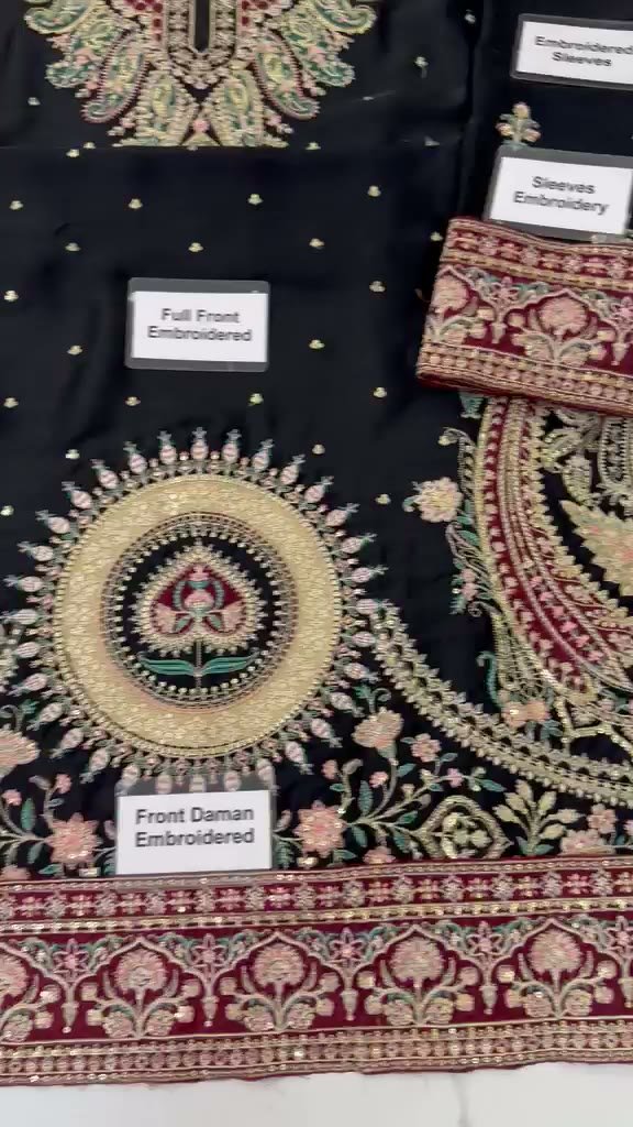 Embroidered Silk Kaftan 2-Piece Unstitched Suit for Women - video frame - front medallion embroidery Embroidered Silk Kaftan 2-Piece Unstitched Suit for Women - video frame - front medallion embroidery