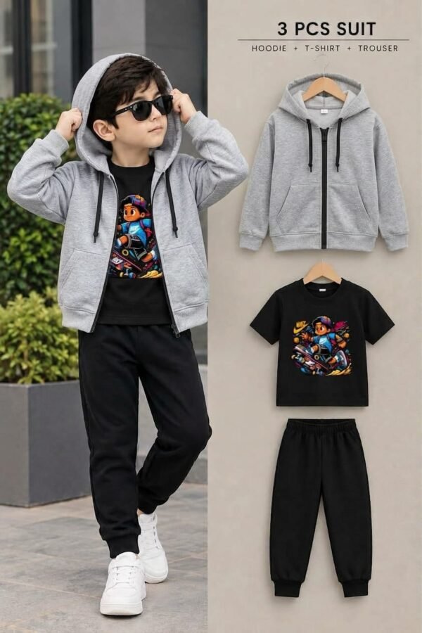 aaf-19-02 Kids 3-Piece Suit - Zipper Hoodie, T-Shirt & Trouser Set