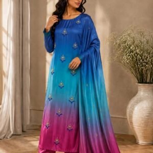 Adda Work Embroidered Tie and Dye 3-Piece Unstitched Suit for Women - Blue Magenta