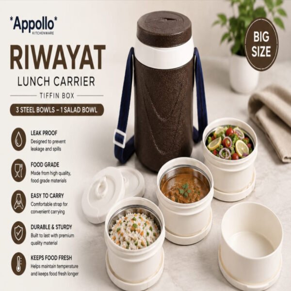Appollo Riwayat Lunch Carrier Large Tiffin Box 3 steel bowls 1 salad bowl Leak Proof Food Grade Easy to Carry - High Qua