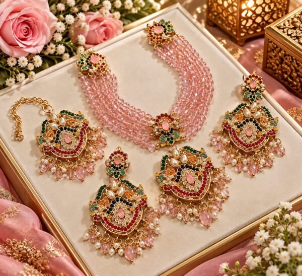 aq-s1-4-5 Zircon Beaded Necklace Set with Earrings and Tikka - 5 Colours