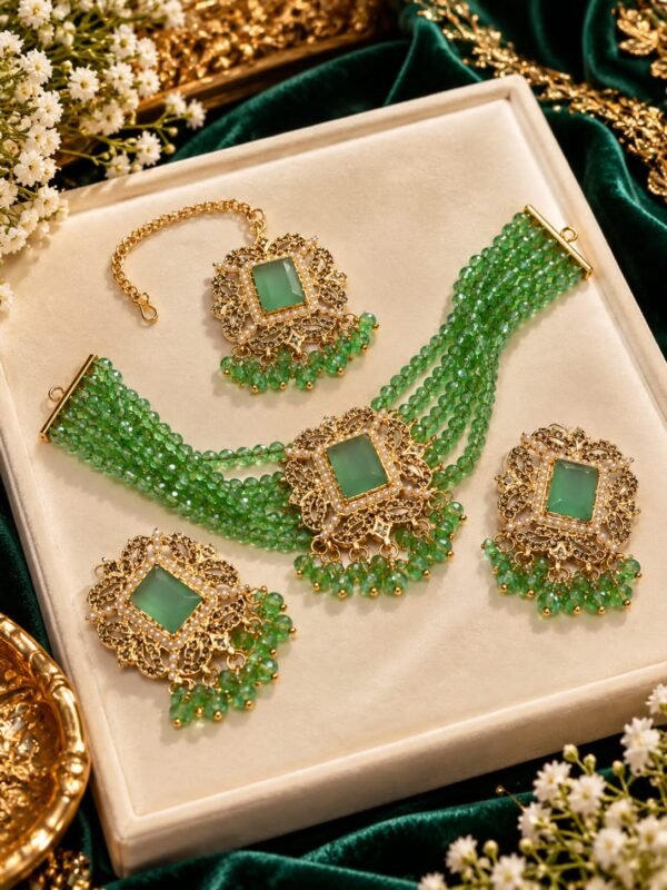 Kundan Crystal Choker Set with Earrings and Teeka