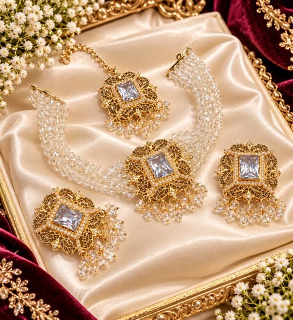 Kundan Crystal Choker Set with Earrings and Teeka