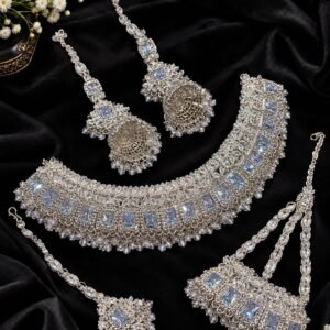 aq-s2-56-3 Full Bridal Gajra Choker Set with Jhumar, Teeka and Earrings - 5 Colours
