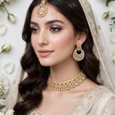 Zircon Necklace Set with Earrings and Teeka - Rectangular Stone Design