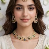 Zircon Necklace Set with Earrings and Teeka - Rectangular Stone Design