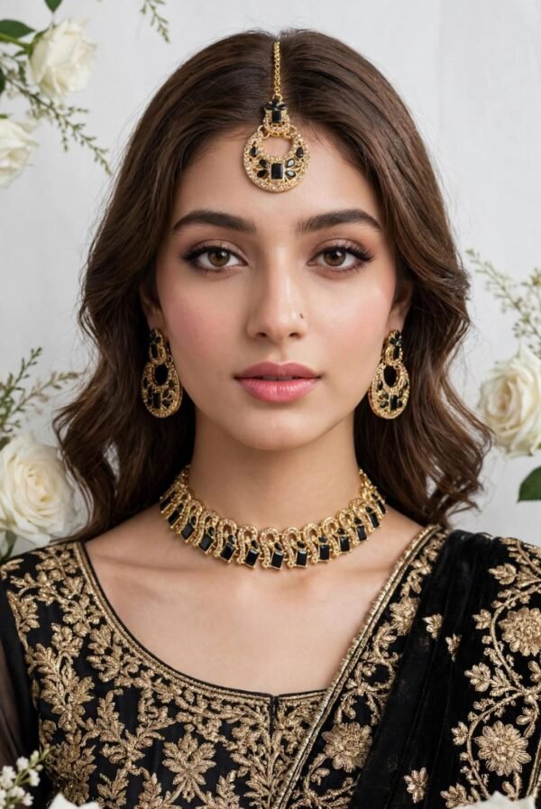 Zircon Necklace Set with Earrings and Teeka - Rectangular Stone Design