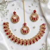 Zircon Necklace Set with Earrings and Teeka - Rectangular Stone Design