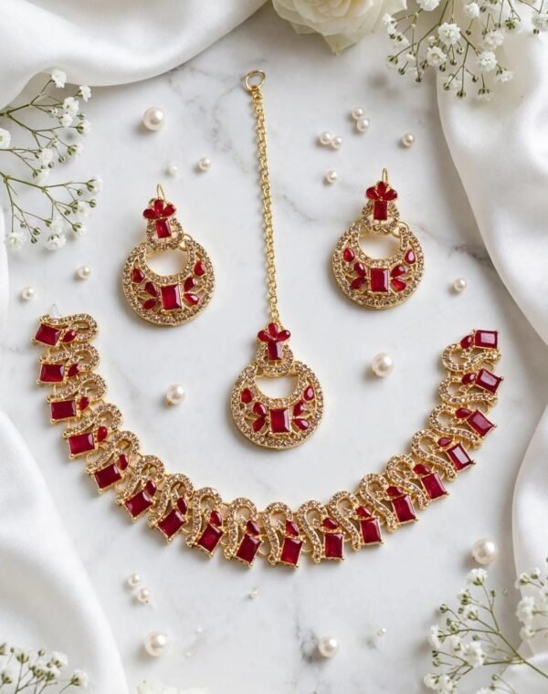 Zircon Necklace Set with Earrings and Teeka - Rectangular Stone Design