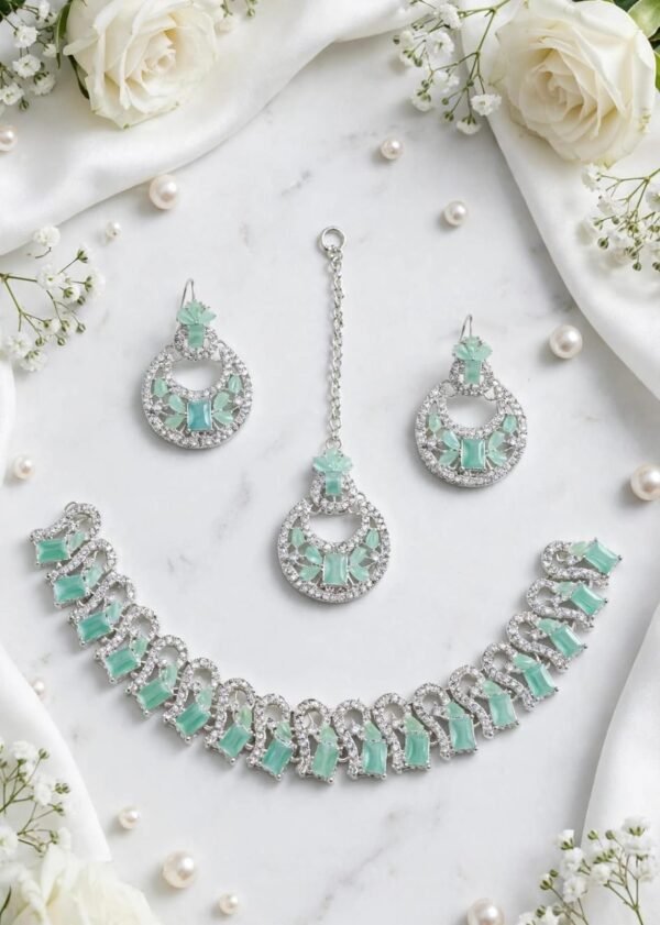 Zircon Necklace Set with Earrings and Teeka - Rectangular Stone Design