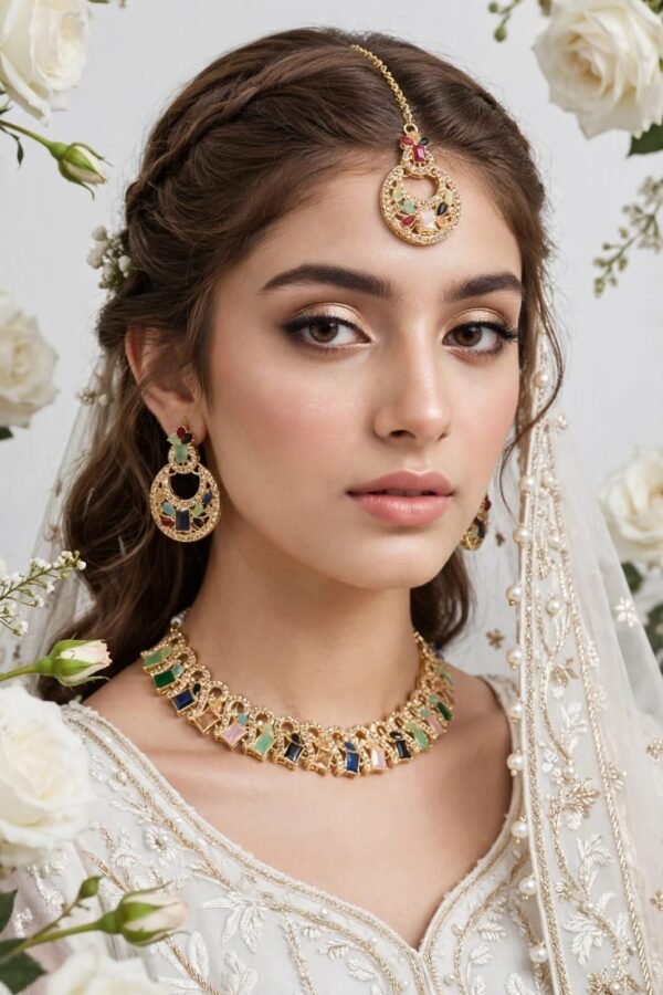 Zircon Necklace Set with Earrings and Teeka - Rectangular Stone Design