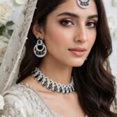 Zircon Necklace Set with Earrings and Teeka - Rectangular Stone Design