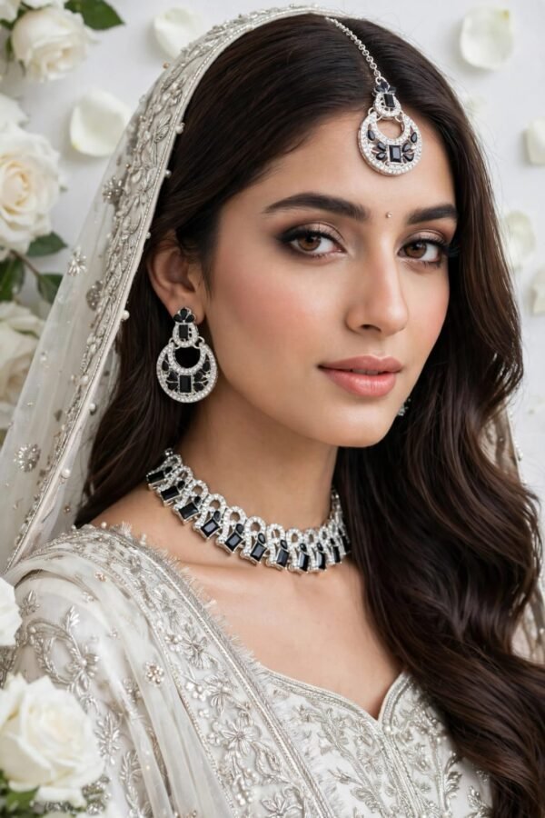 Zircon Necklace Set with Earrings and Teeka - Rectangular Stone Design