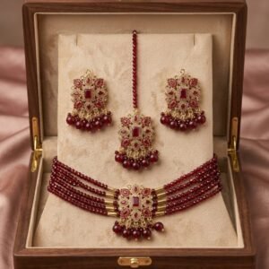 Beaded Choker Set with Jhumka Earrings and Teeka – Multiple Colours - photo 1