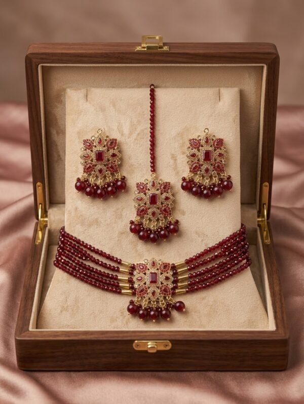 Beaded Choker Set with Jhumka Earrings and Teeka – Multiple Colours - photo 1