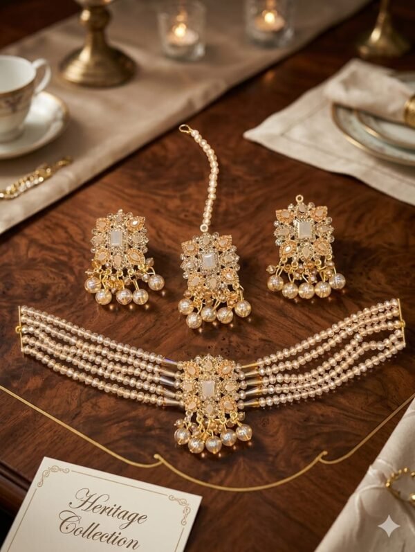 Beaded Choker Set with Jhumka Earrings and Teeka – Multiple Colours - photo 3