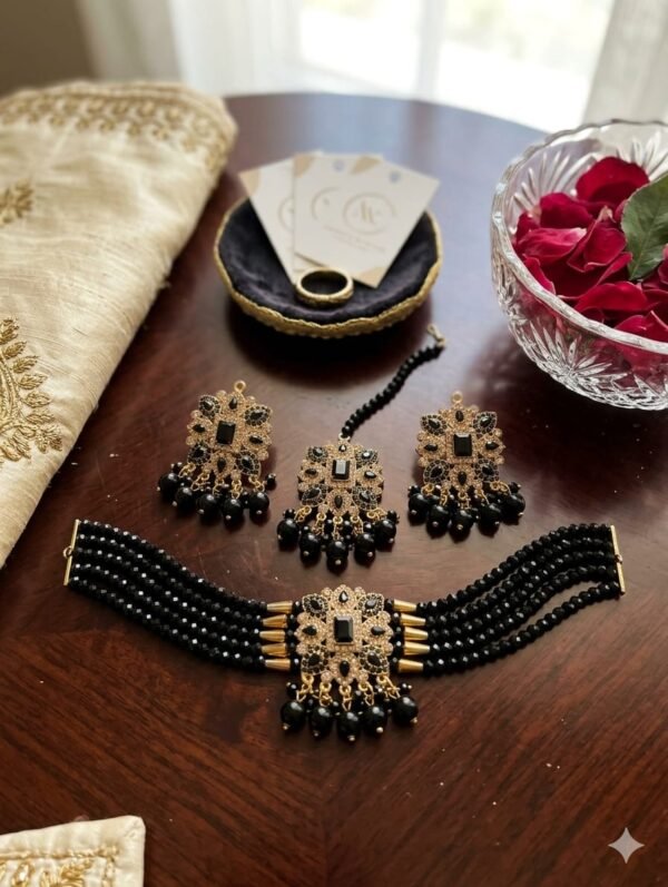 Beaded Choker Set with Jhumka Earrings and Teeka – Multiple Colours - photo 6
