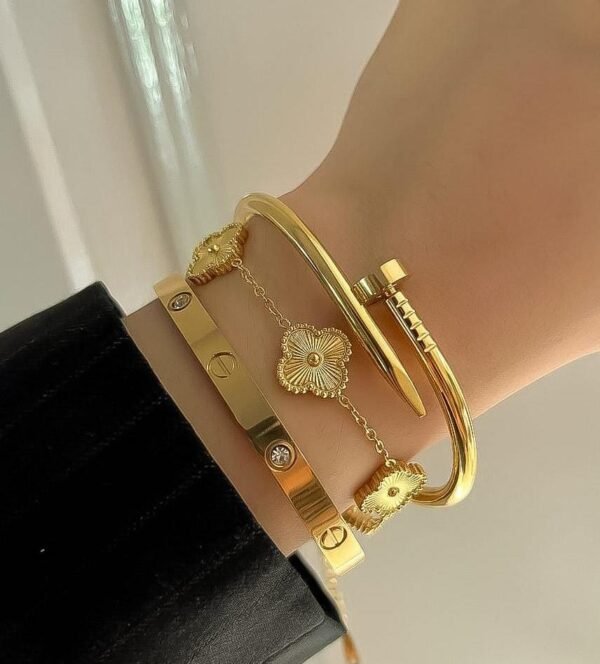 Stainless Steel 3-Piece Bracelet Stack – Clover, Love and Nail Bangles - photo 3