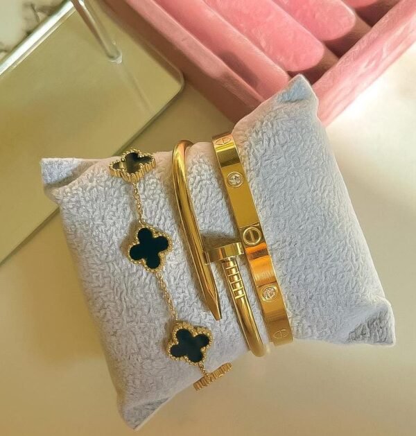 Stainless Steel 3-Piece Bracelet Stack – Clover, Love and Nail Bangles - photo 4