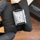 Men's Rectangular Roman Dial Watch – Leather Strap, Silver Case - photo 1