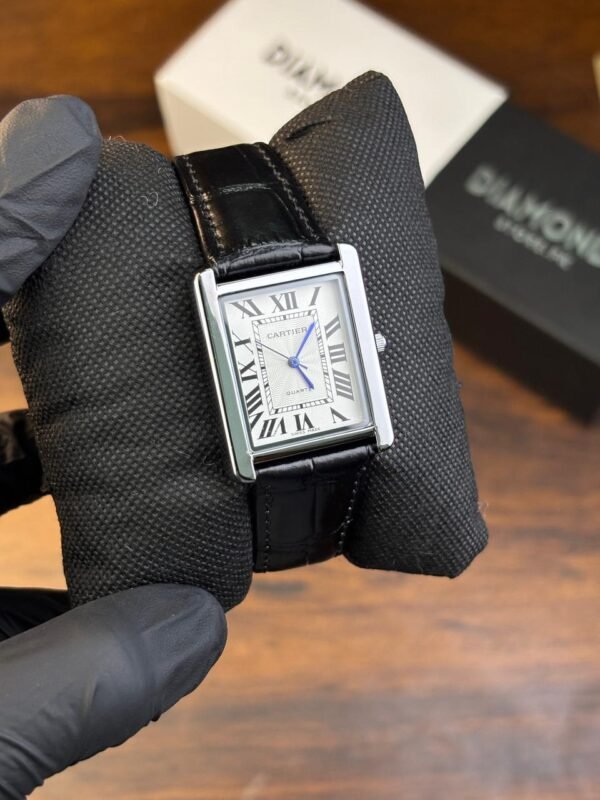 Men's Rectangular Roman Dial Watch – Leather Strap, Silver Case - photo 1