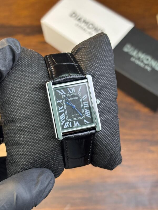 Men's Rectangular Roman Dial Watch – Leather Strap, Silver Case - photo 2
