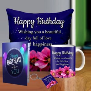 Customized Birthday Gift Set - Printed Cushion, Mug, Keychain & Greeting Card