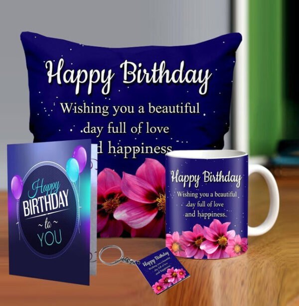 Customized Birthday Gift Set - Printed Cushion, Mug, Keychain & Greeting Card