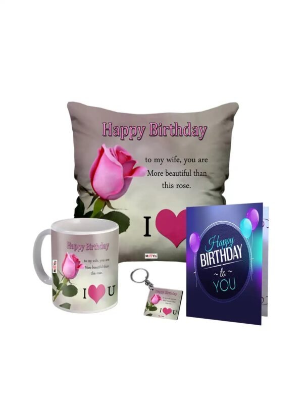 Customized Birthday Gift Set - Printed Cushion, Mug, Keychain & Greeting Card