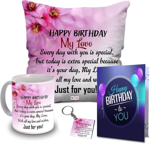 Customized Birthday Gift Set - Printed Cushion, Mug, Keychain & Greeting Card