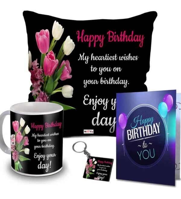 Customized Birthday Gift Set - Printed Cushion, Mug, Keychain & Greeting Card
