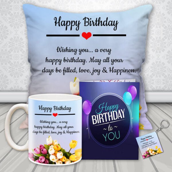 Customized Birthday Gift Set - Printed Cushion, Mug, Keychain & Greeting Card