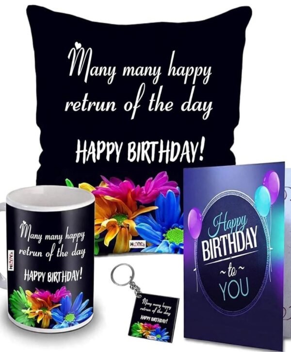Customized Birthday Gift Set - Printed Cushion, Mug, Keychain & Greeting Card