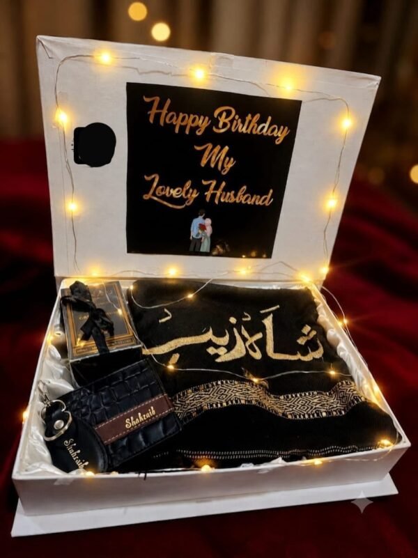 Luxury Gift Box for Him - Personalized Name Shawl, Wallet, Keychain & Perfume Gift Set