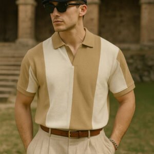 Beige White Panel Polo T-shirt For Men & Boys - with Cash on Delivery