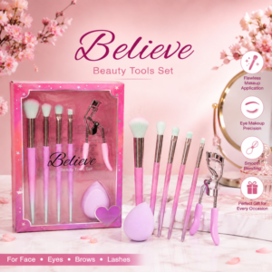Believe Beauty Tools Set 6 PCS Makeup Brush Set with Beauty Blender Eyelash Curler - Durable Design